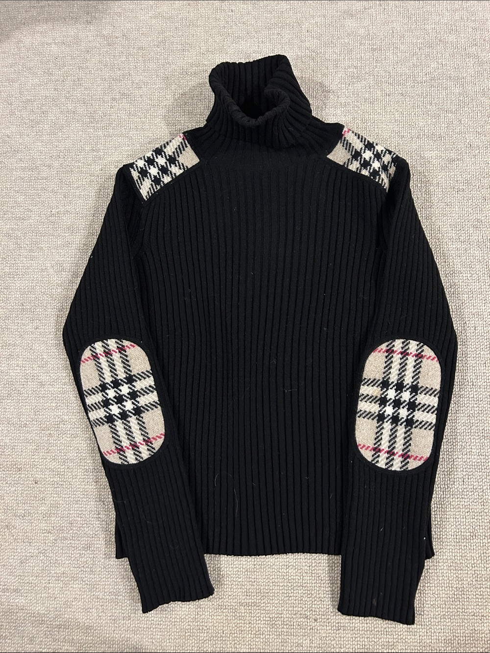 Burberry Black Ribbed Turtleneck Sweater with Plaid Shoulder and Elbow Accents